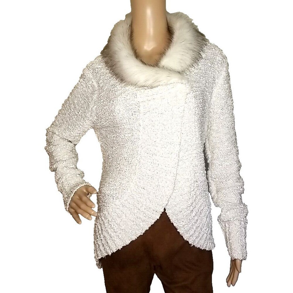 Alberto Makali White Faux Fur Collar Womens Large Knit Sweater Textured      T39